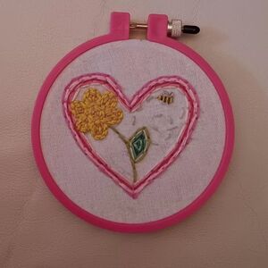 Pink Embroidery Hoop with Heart and Flower Design NEW
